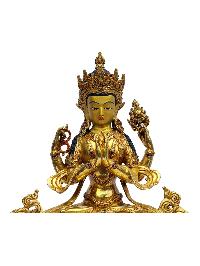 [chenrezig], Buddhist Handmade Statue, [full Gold Plated], [painted Face], [stone Setting]