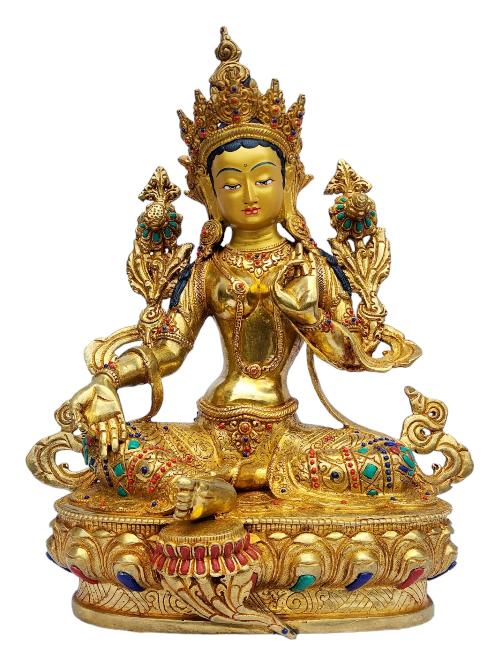 [green Tara], Buddhist Handmade Statue, [full Gold Plated], [painted Face], [stone Setting]