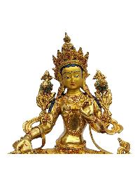 [green Tara], Buddhist Handmade Statue, [full Gold Plated], [painted Face], [stone Setting]