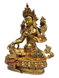 [green Tara], Buddhist Handmade Statue, [full Gold Plated], [painted Face], [stone Setting]