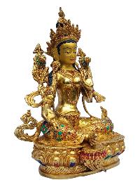 [green Tara], Buddhist Handmade Statue, [full Gold Plated], [painted Face], [stone Setting]