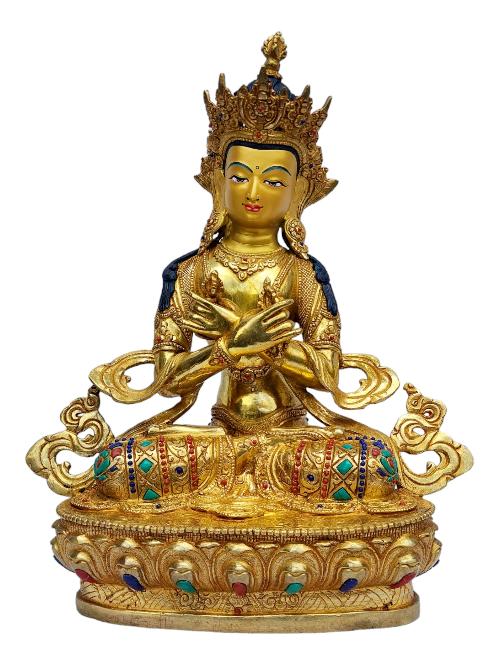 [vajradhara], Buddhist Handmade Statue, [full Gold Plated], [painted Face], [stone Setting]