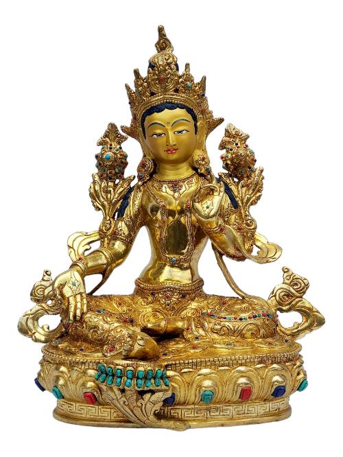 [green Tara], Buddhist Handmade Statue, [full Gold Plated], [painted Face], [stone Setting]