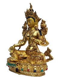 [green Tara], Buddhist Handmade Statue, [full Gold Plated], [painted Face], [stone Setting]