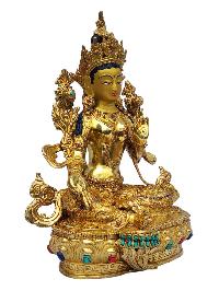 [green Tara], Buddhist Handmade Statue, [full Gold Plated], [painted Face], [stone Setting]