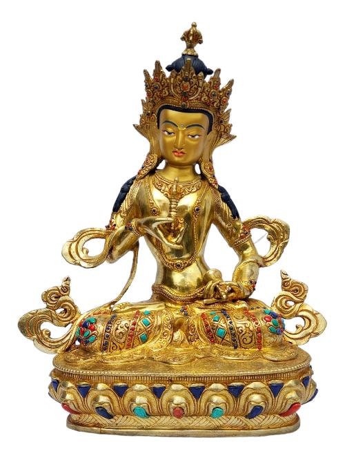 [vajrasattva], Buddhist Handmade Statue, [full Gold Plated], [painted Face], [stone Setting]