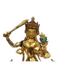 [manjushri], Buddhist Handmade Statue, [full Gold Plated], [painted Face], [stone Setting]