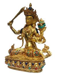 [manjushri], Buddhist Handmade Statue, [full Gold Plated], [painted Face], [stone Setting]