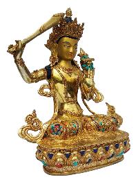 [manjushri], Buddhist Handmade Statue, [full Gold Plated], [painted Face], [stone Setting]