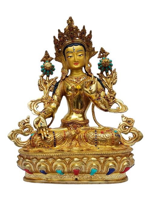 [white Tara], Buddhist Handmade Statue, [full Gold Plated], [painted Face], [stone Setting]