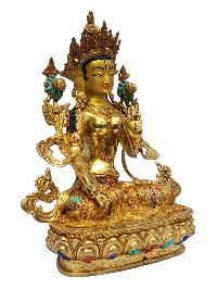 [white Tara], Buddhist Handmade Statue, [full Gold Plated], [painted Face], [stone Setting]