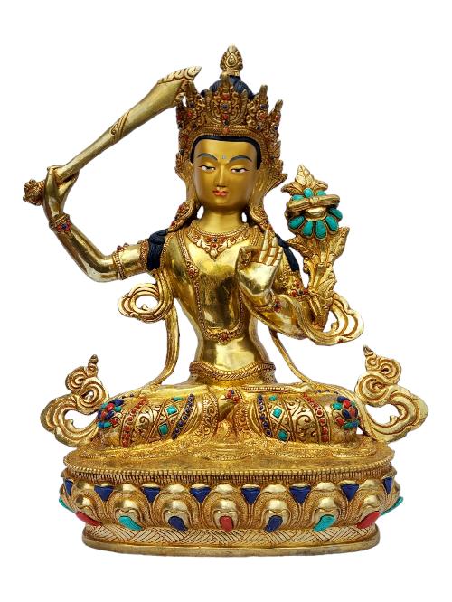 [manjushri], Buddhist Handmade Statue, [full Gold Plated], [painted Face], [stone Setting]