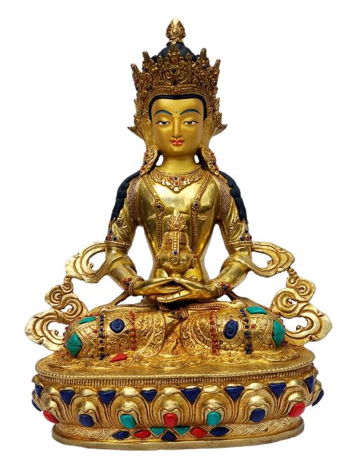 [aparimita], Buddhist Handmade Statue, [full Gold Plated], [painted Face], [stone Setting]