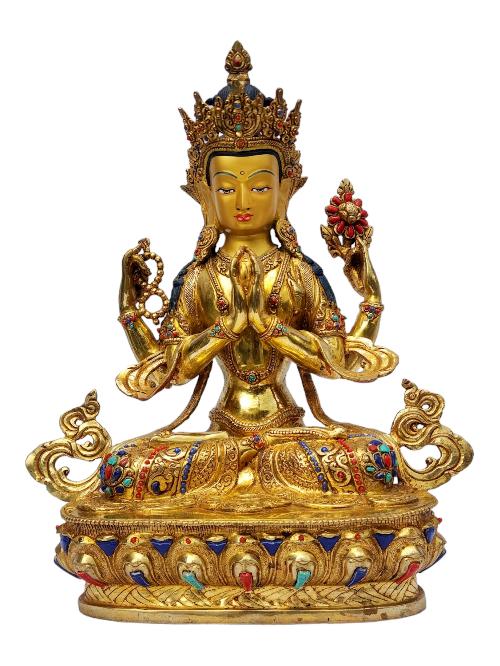 [chenrezig], Buddhist Handmade Statue, [full Gold Plated], [painted Face], [stone Setting]