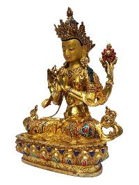 [chenrezig], Buddhist Handmade Statue, [full Gold Plated], [painted Face], [stone Setting]