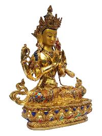 [chenrezig], Buddhist Handmade Statue, [full Gold Plated], [painted Face], [stone Setting]