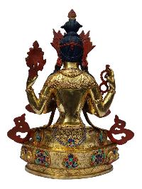 [chenrezig], Buddhist Handmade Statue, [full Gold Plated], [painted Face], [stone Setting]