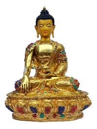 [shakyamuni Buddha], Buddhist Handmade Statue, [full Gold Plated], [painted Face], [stone Setting]