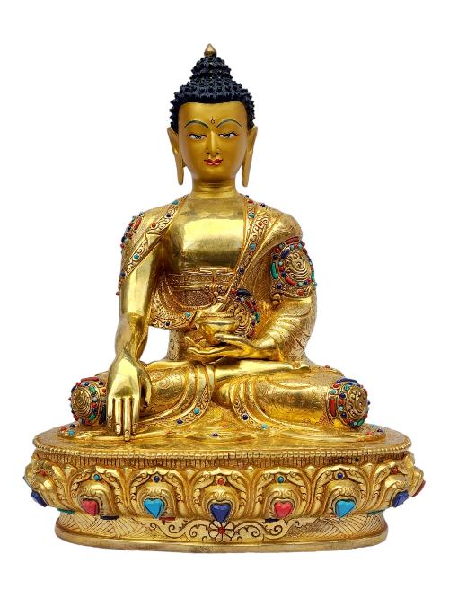 shakyamuni Buddha, Buddhist Handmade Statue, full Gold Plated, painted Face, stone Setting