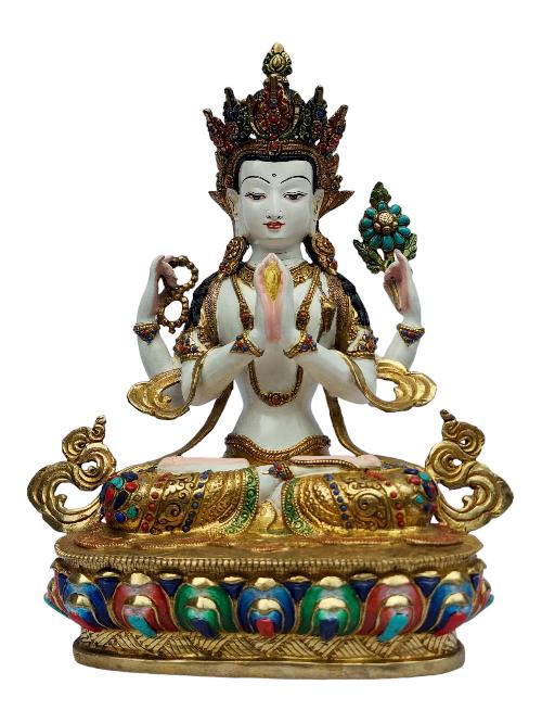 [chenrezig], Buddhist Handmade Statue, [full Gold Plated], [painted Face], [stone Setting], [thangka Color Finishing]