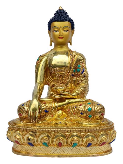 [shakyamuni Buddha], Buddhist Handmade Statue, [full Gold Plated], [painted Face], [stone Setting]