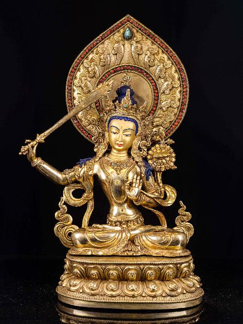 [manjushri], Buddhist Handmade Statue, [full Fire Gold Plated], [face Painted],[stone Setting]