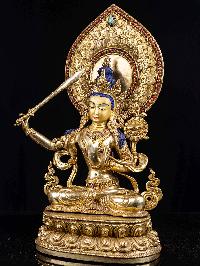 [manjushri], Buddhist Handmade Statue, [full Fire Gold Plated], [face Painted],[stone Setting]