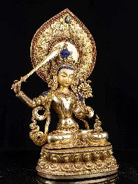 [manjushri], Buddhist Handmade Statue, [full Fire Gold Plated], [face Painted],[stone Setting]