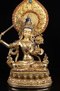 [manjushri], Buddhist Handmade Statue, [full Fire Gold Plated], [face Painted],[stone Setting]