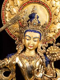 [manjushri], Buddhist Handmade Statue, [full Fire Gold Plated], [face Painted],[stone Setting]