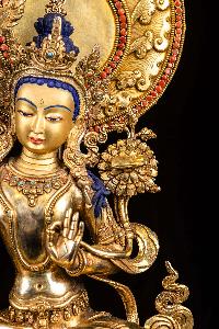 [manjushri], Buddhist Handmade Statue, [full Fire Gold Plated], [face Painted],[stone Setting]