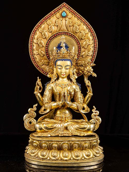 [chenrezig], Buddhist Handmade Statue, [full Fire Gold Plated], [face Painted],[stone Setting]