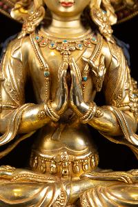 [chenrezig], Buddhist Handmade Statue, [full Fire Gold Plated], [face Painted],[stone Setting]