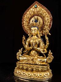 [chenrezig], Buddhist Handmade Statue, [full Fire Gold Plated], [face Painted],[stone Setting]