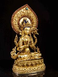 [chenrezig], Buddhist Handmade Statue, [full Fire Gold Plated], [face Painted],[stone Setting]