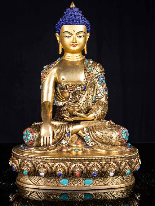 [shakyamuni Buddha], Buddhist Handmade Statue, [full Fire Gold Plated], [face Painted],[stone Setting]