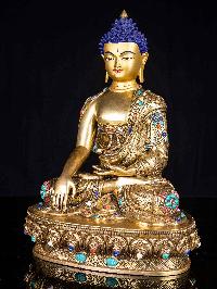 [shakyamuni Buddha], Buddhist Handmade Statue, [full Fire Gold Plated], [face Painted],[stone Setting]