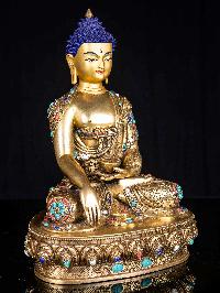 [shakyamuni Buddha], Buddhist Handmade Statue, [full Fire Gold Plated], [face Painted],[stone Setting]