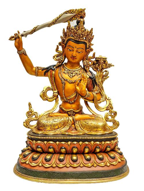 [manjushri], Buddhist Handmade Statue, [full Gold Plated], [painted Face], Thangka Color Finishing