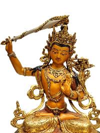 [manjushri], Buddhist Handmade Statue, [full Gold Plated], [painted Face], Thangka Color Finishing