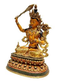 [manjushri], Buddhist Handmade Statue, [full Gold Plated], [painted Face], Thangka Color Finishing