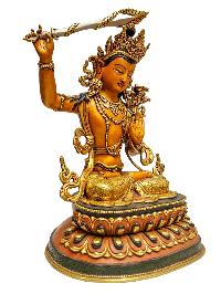 [manjushri], Buddhist Handmade Statue, [full Gold Plated], [painted Face], Thangka Color Finishing