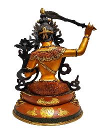 [manjushri], Buddhist Handmade Statue, [full Gold Plated], [painted Face], Thangka Color Finishing