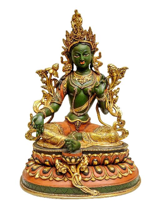 [green Tara], Tibetan Buddhist Handmade Statue, [partly Fire Gold Plated], [high Quality], Thangka Color Finishing