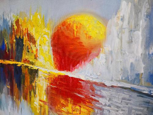 Oil Painting, Sun Set Reflection, By Mishri Man Chitrakar