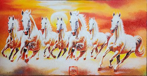 Oil Painting, 7 Horses Vastu, By Basu Dev Pyakurel