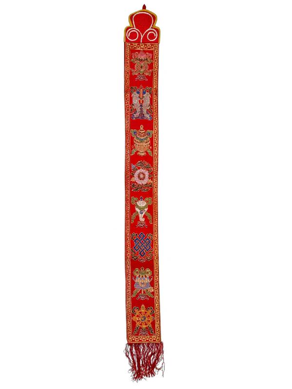 Tibetan Cochin Brocade Wall Hanging With Embroidered Ashtamangala