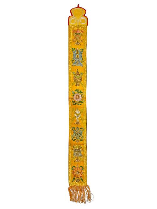 Tibetan Cochin Brocade Wall Hanging With Embroidered Ashtamangala