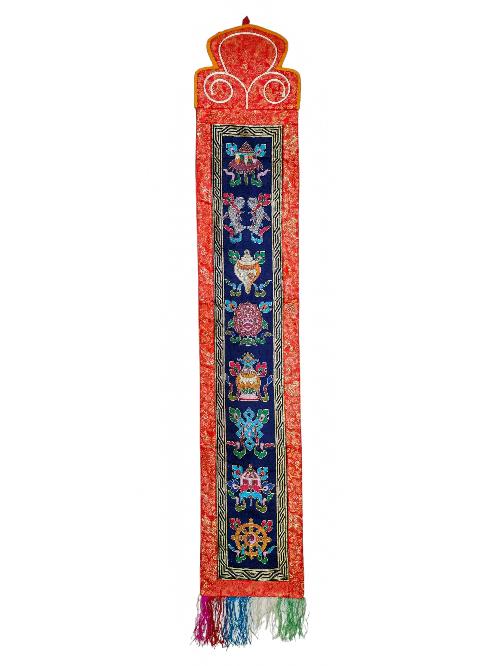 Tibetan Cochin Brocade Wall Hanging With Embroidered Ashtamangala