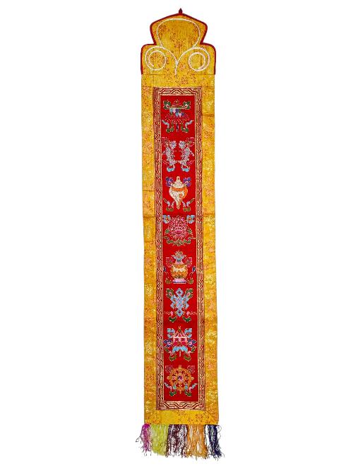 Tibetan Cochin Brocade Wall Hanging With Embroidered Ashtamangala